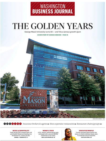 Cover of the Washington Business Journal edition featuring a photo of Merten Hall, the central administrative building of George Mason University, with the superimposed title "The Golden Years"