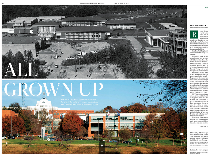 Inside spread of the Washington Business Journal article. The main images is a composite of early construction at the Mason campus, spliced with present day. The text overlaid reads, "All Grown Up"