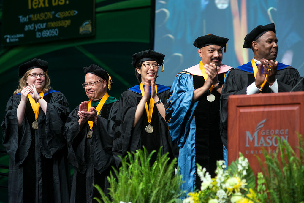 Recipients of the President's Award for Faculty Excellence medal at Geoge Mason University's 2017 commencement