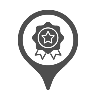 Icon of a map pin with a symbol of a badge or award